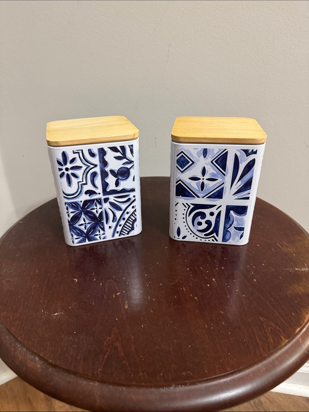 Ashland Blue and White Tin Canister Set with Bamboo Tops